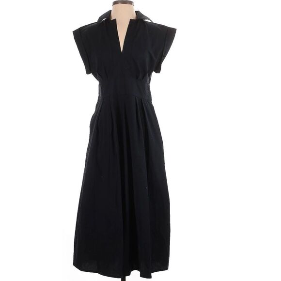 BANANA REPUBLIC BAND WAIST COTTON POPLIN BLACK MIDI DRESS Size 4 - Picture 2 of 7